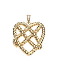 Gold pendant of rope twisted in the shape of a heart, accented with rainbow moonstone on the bail