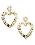 Gold drop earrings featuring sun inspired stud with mother of pearl cabochon and large gold heart drop featuring more mother of pearl cabochons around the edge
