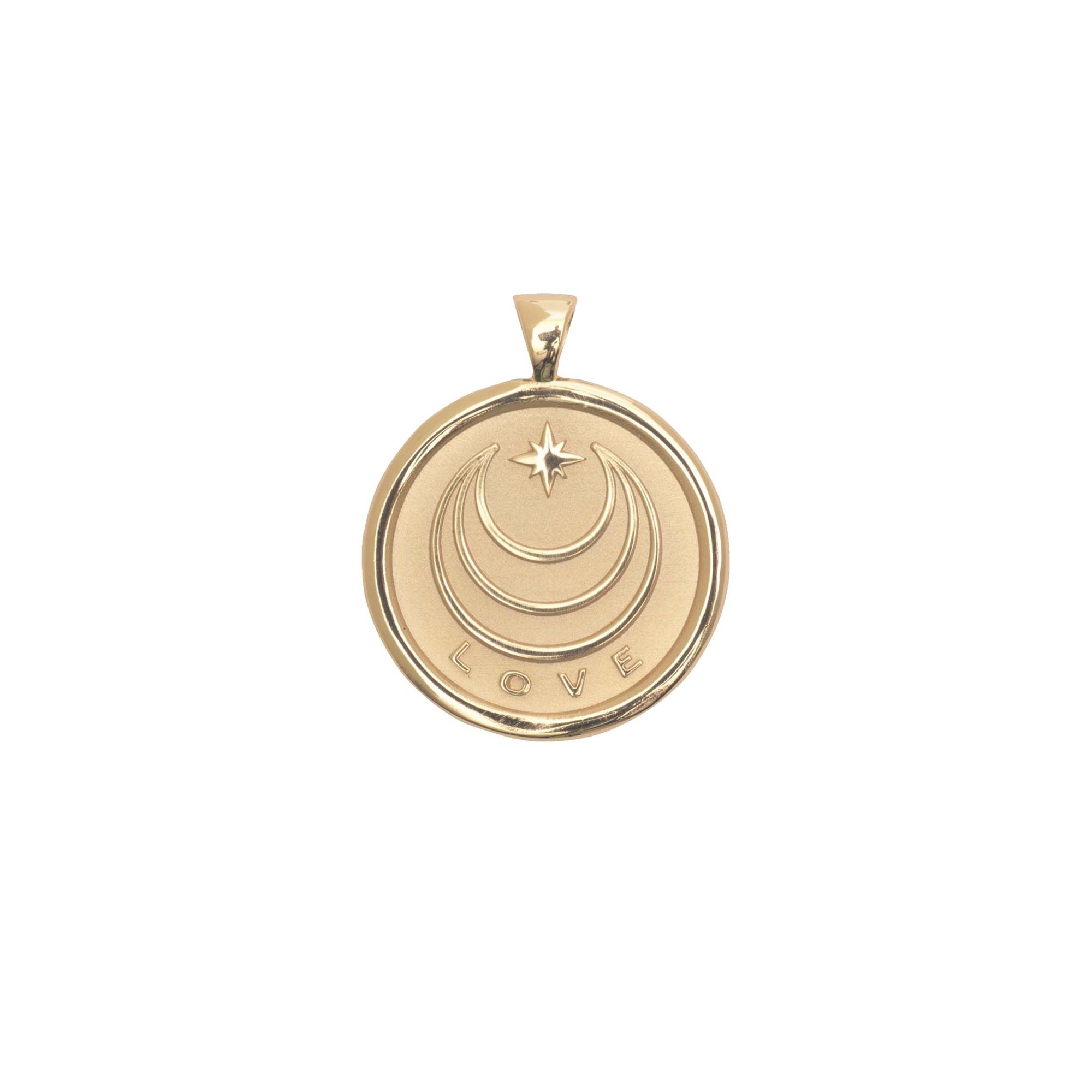 Gold coin pendant back with moon and star logo and the word LOVE