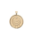 Gold coin pendant back with moon and star logo and the word LOVE