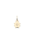 Back of gold ladybug pendant features moon and star logo