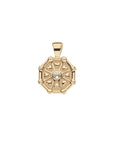 Front of gold birthstone pendant features tiny hearts and a white topaz stone for April