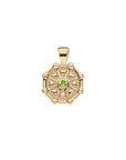 Front of gold birthstone pendant features tiny hearts and a green peridot stone for August