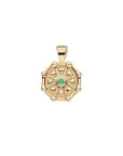 Front of gold birthstone pendant features tiny hearts and an emerald green tourmaline stone for May
