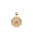 Front of gold birthstone pendant features tiny hearts and a garnet stone for January