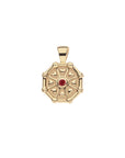 Front of gold birthstone pendant features tiny hearts and a ruby tourmaline stone for April