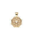 Front of gold birthstone pendant features tiny hearts and a rainbow moonstone for June