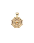 Front of gold birthstone pendant features tiny hearts and a yellow citrine stone for November
