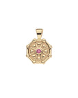 Front of gold birthstone pendant features tiny hearts and a pink tourmaline stone for October