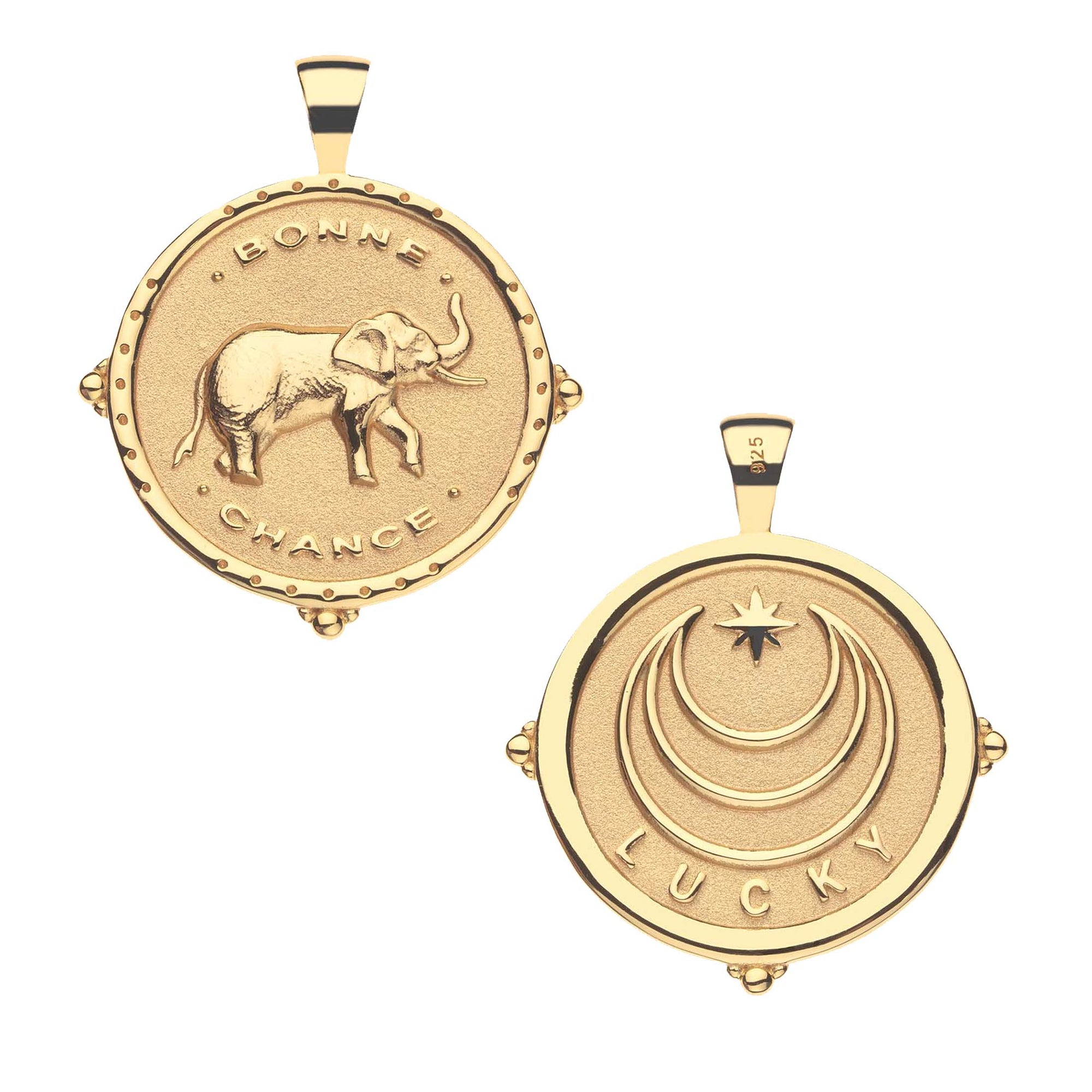Gold Coin Pendant with Elephant and inscription "Bonne Chance". Gold Coin Pendant with Jane Win moon and star logo and word LUCKY underneath