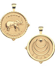 Gold Coin Pendant with Elephant and inscription "Bonne Chance". Gold Coin Pendant with Jane Win moon and star logo and word LUCKY underneath