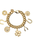 Gold chain bracelet featuring 7 lucky themed charms including a horseshoe, clover, wishbone, rabbit, and more