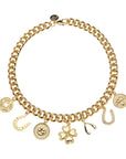 Gold chain necklace featuring 7 lucky themed charms including a horseshoe, clover, wishbone, rabbit, and more