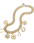 Gold chain necklace featuring 7 lucky themed charms including a horseshoe, clover, wishbone, rabbit, and more