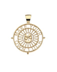 Gold lucky cutout coin pendant features four leaf clover and horseshoe in the center and the phrase MAKE YOUR OWN LUCK around the border