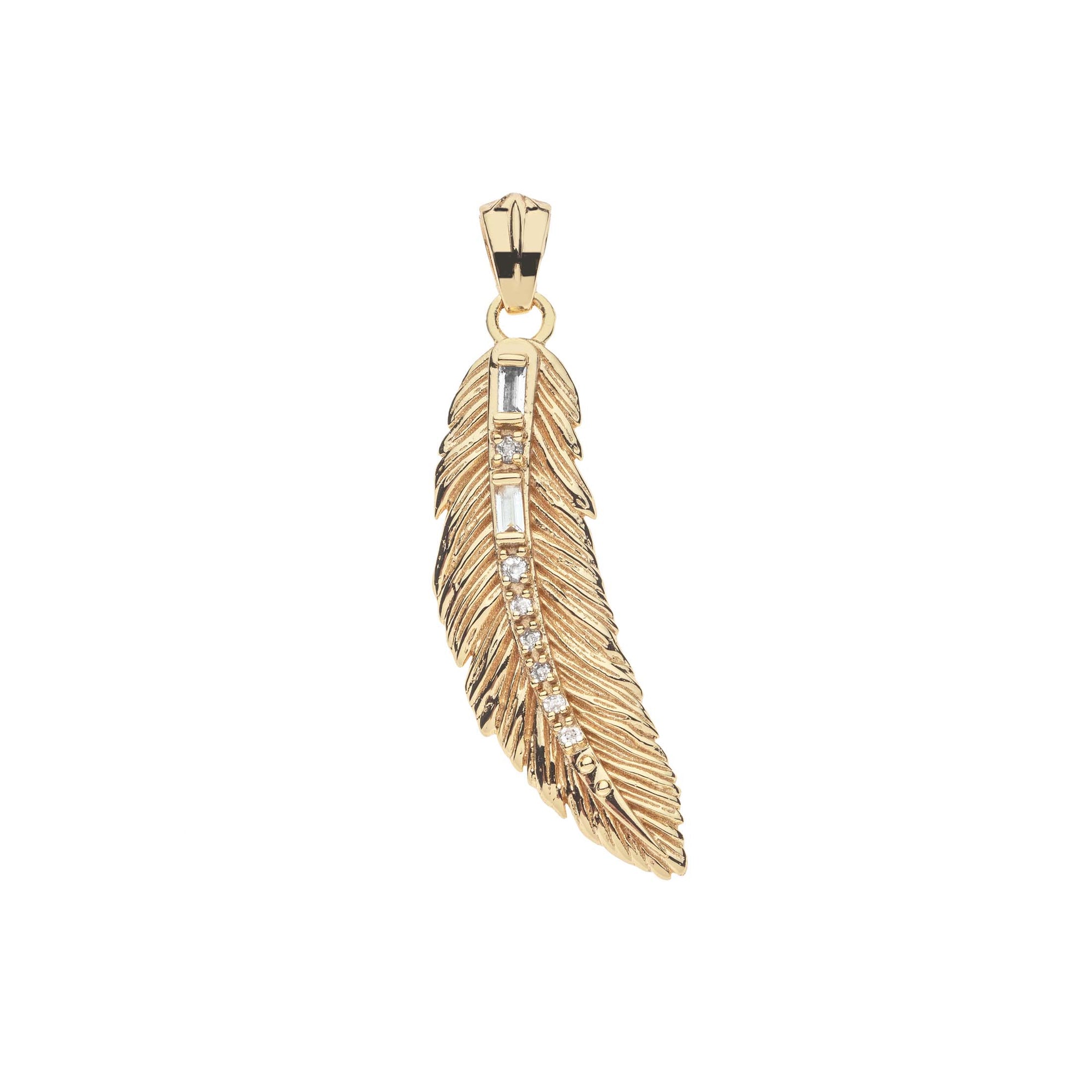 Gold feather pendant with white topaz details