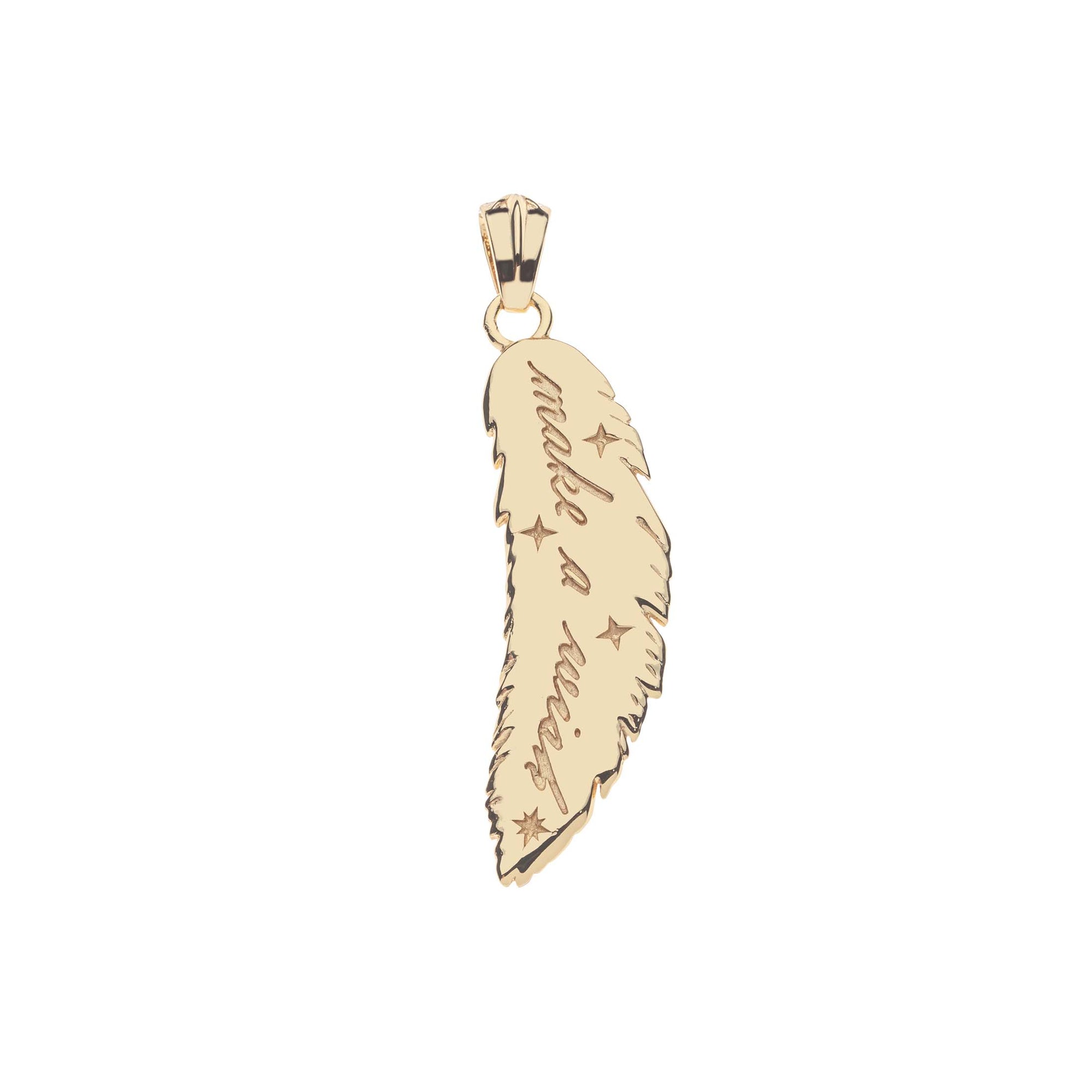 Back of gold feather pendant features the phrase "make a wish" and star details