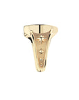 Side view of gold horseshoe ring shows star details