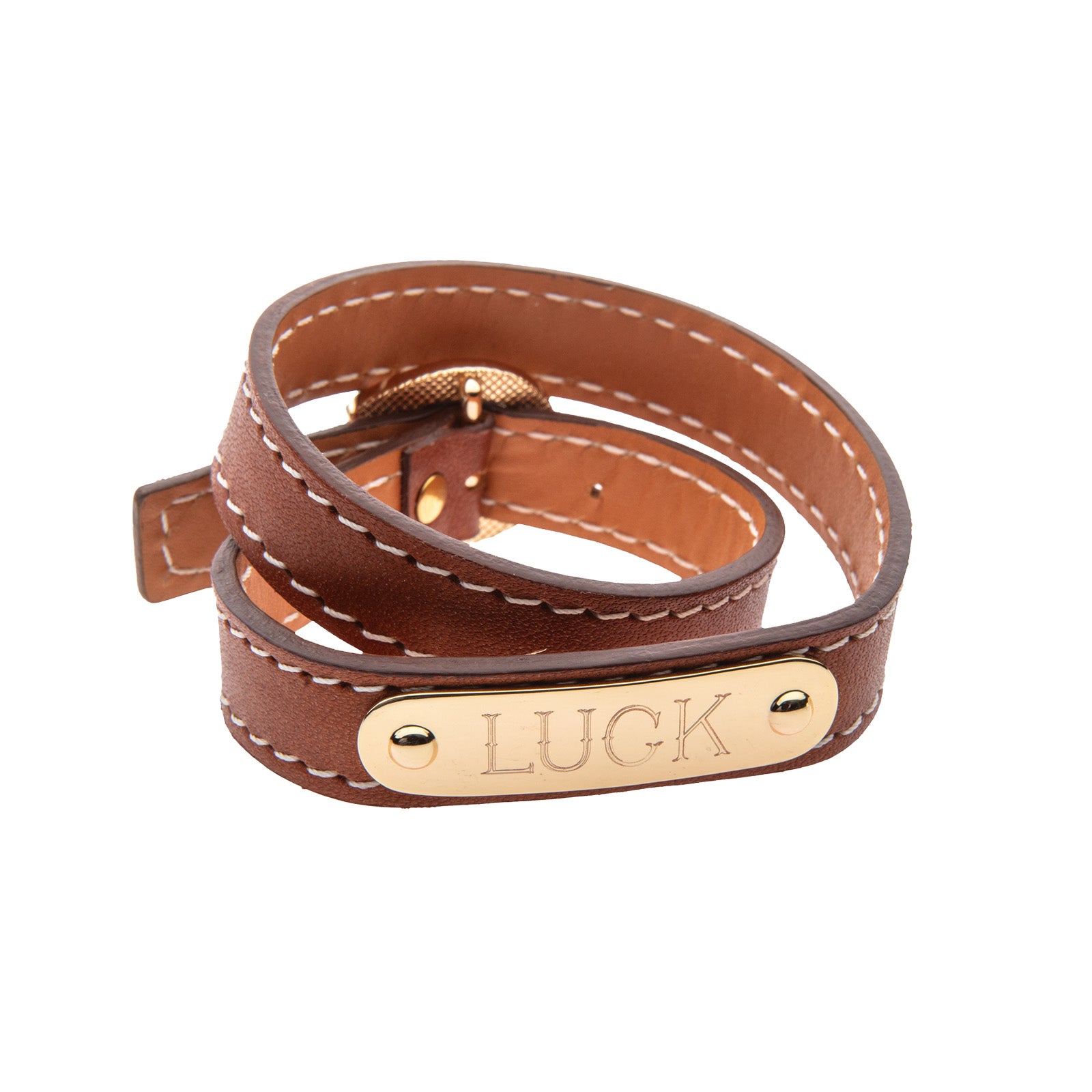 Brown leather wrap bracelet with gold plate that features sample engraving of the word LUCK