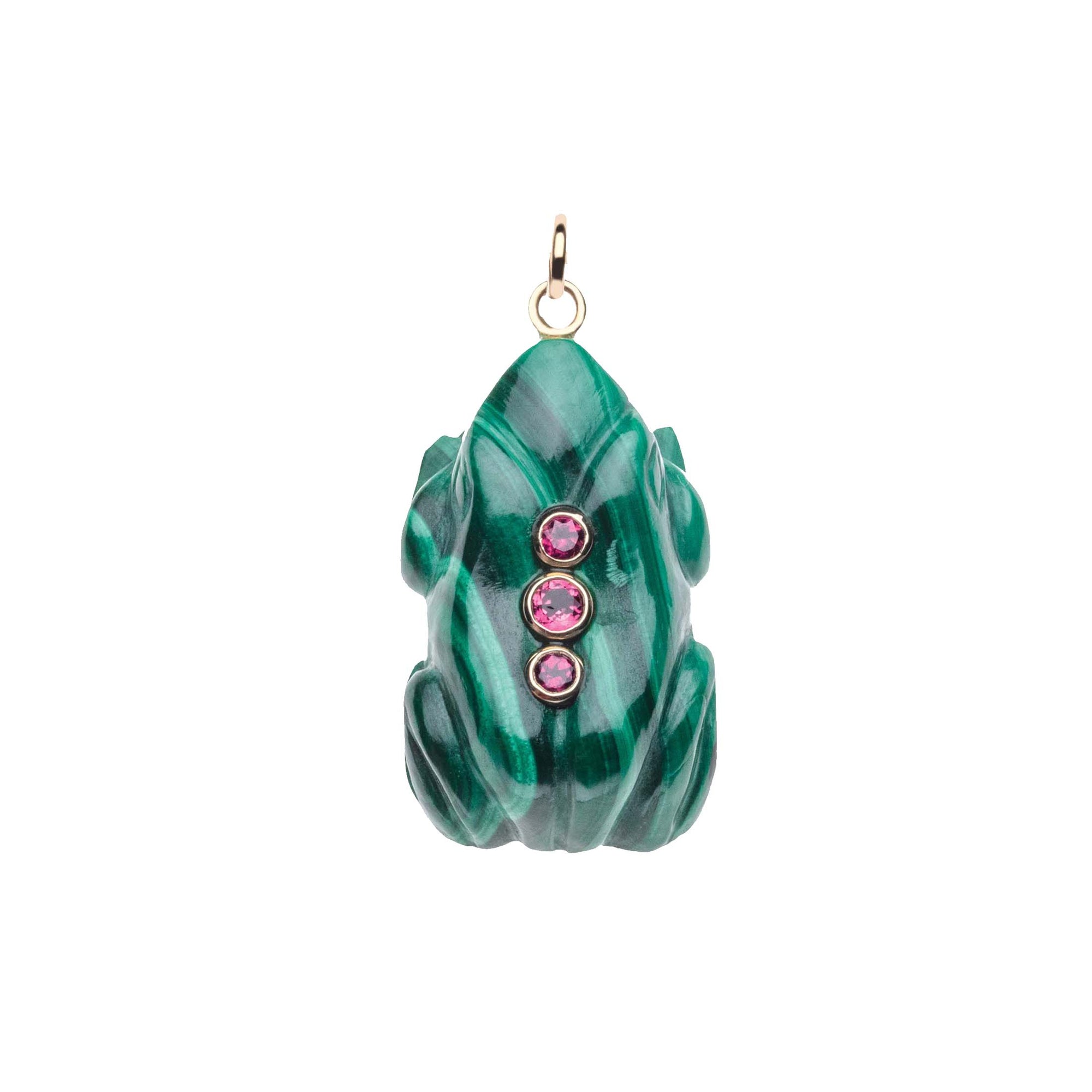 Carved malachite frog with 3 pink tourmaline stone accents