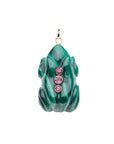Carved malachite frog with 3 pink tourmaline stone accents
