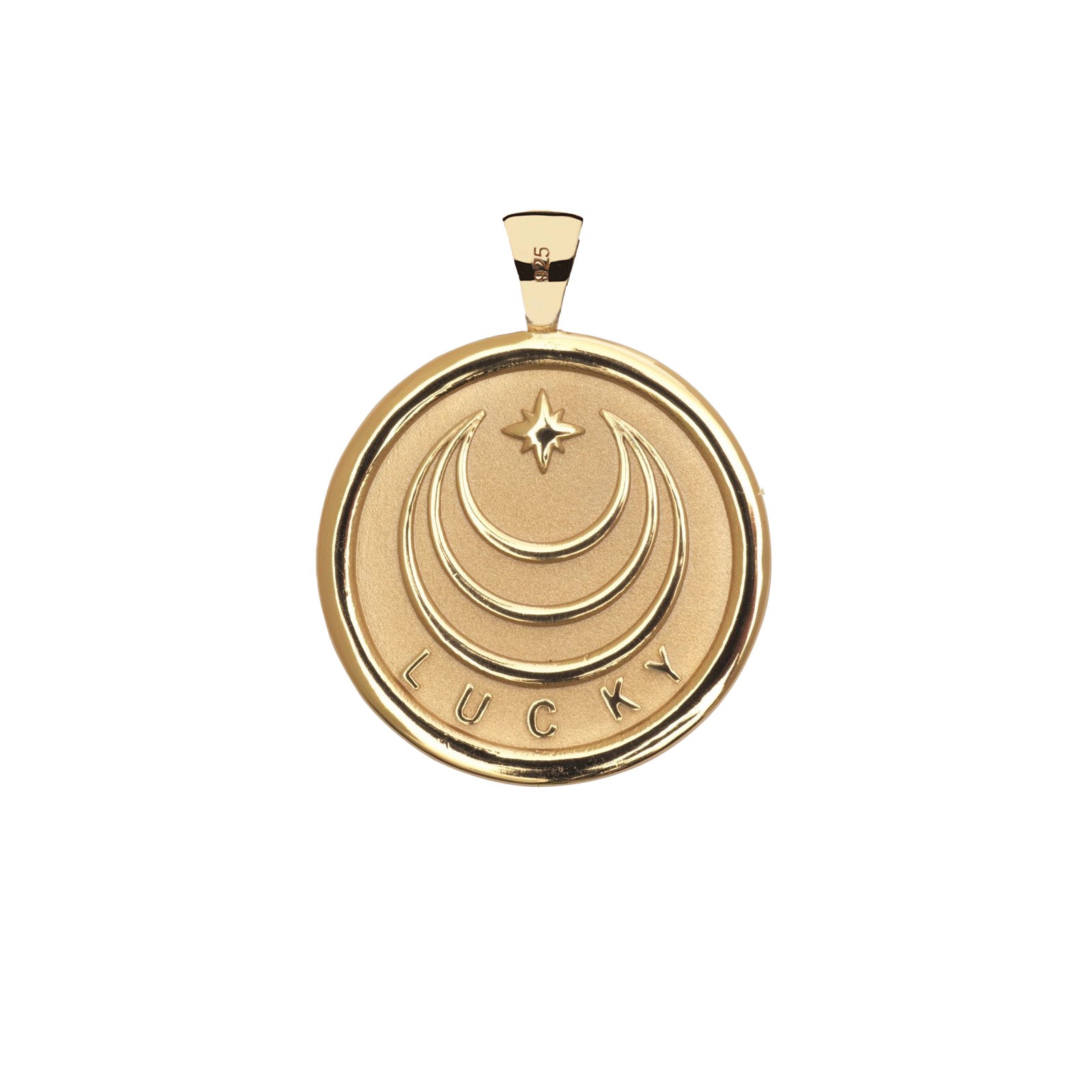 Gold Coin Pendant with Jane Win moon and star logo and word LUCKY underneath