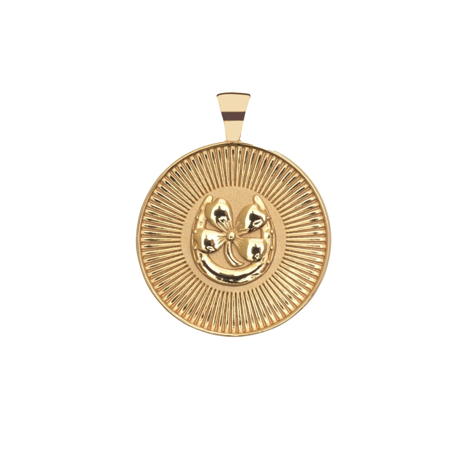 Gold Coin Pendant with Four leaf clover and horseshoe illustration
