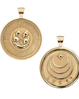Gold Coin Pendant with Four leaf clover and horseshoe illustration (front). Gold Coin Pendant with Jane Win moon and star logo and word LUCKY underneath (back)