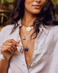 Gold layered necklaces on model