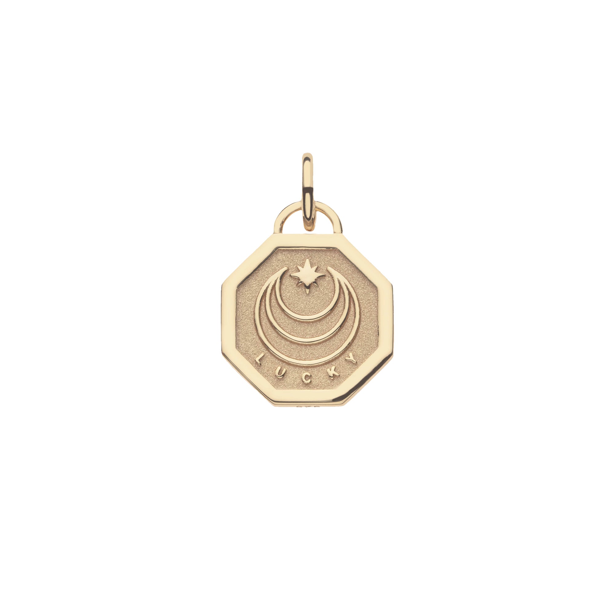 Gold petite lucky coin with moon and star logo and the word LUCKY (back)