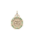 Gold octagon lucky pendant featuring horseshoe and 4 leaf clover with border of peridot stones