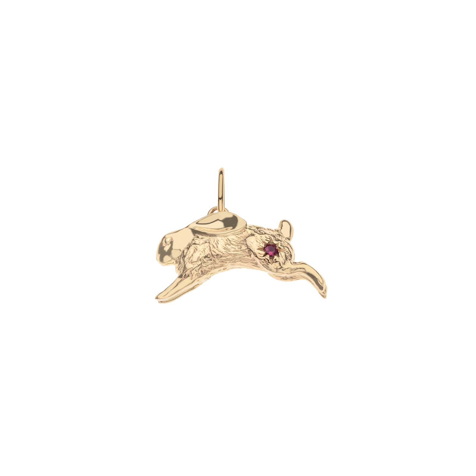 Gold lucky rabbit pendant with pink spinel stone accent