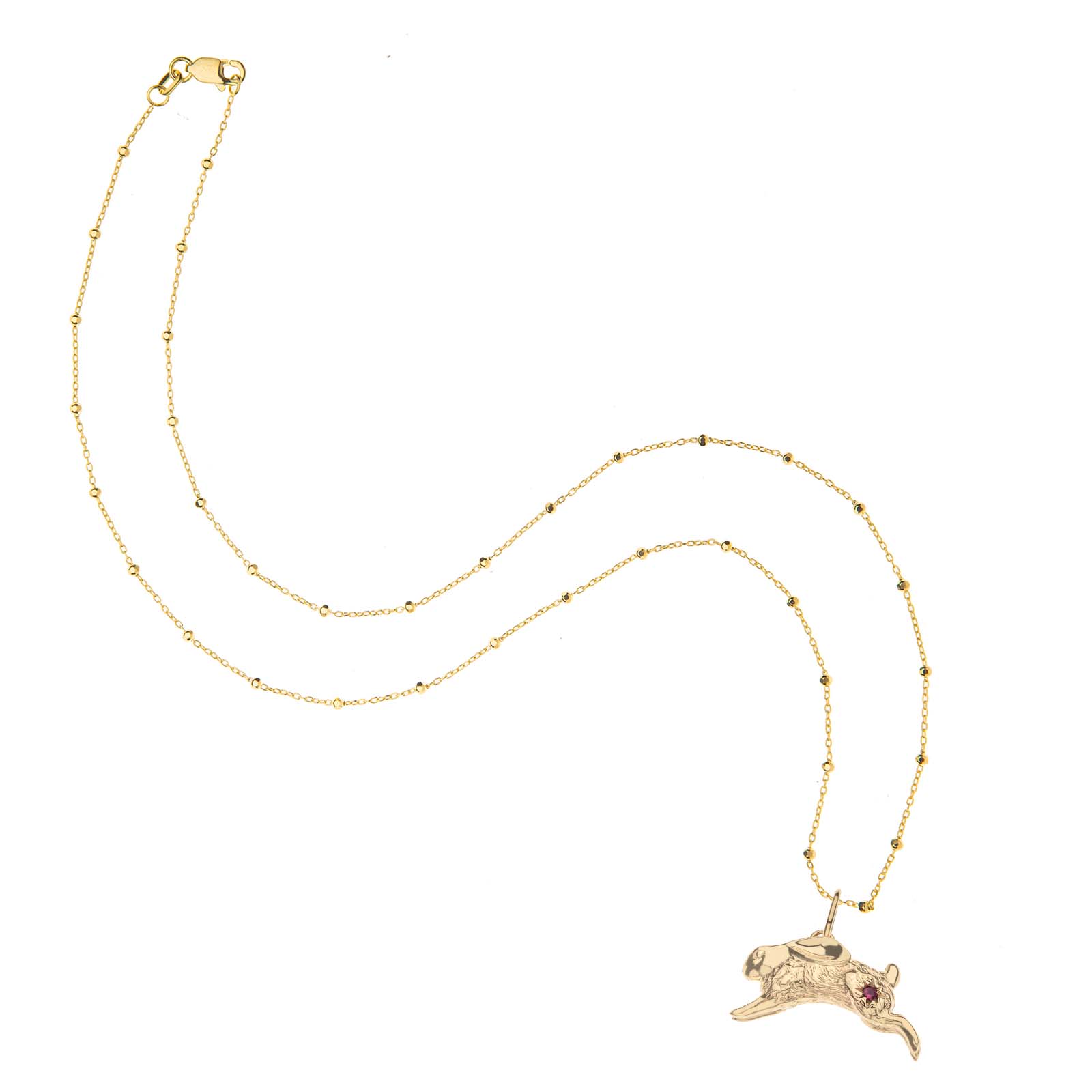 Gold rabbit pendant on 18 inch 14 karat satellite chain