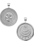 Silver Coin Pendant with Four leaf clover and horseshoe illustration (front). Silver Coin Pendant with Jane Win moon and star logo and word LUCKY underneath (back)