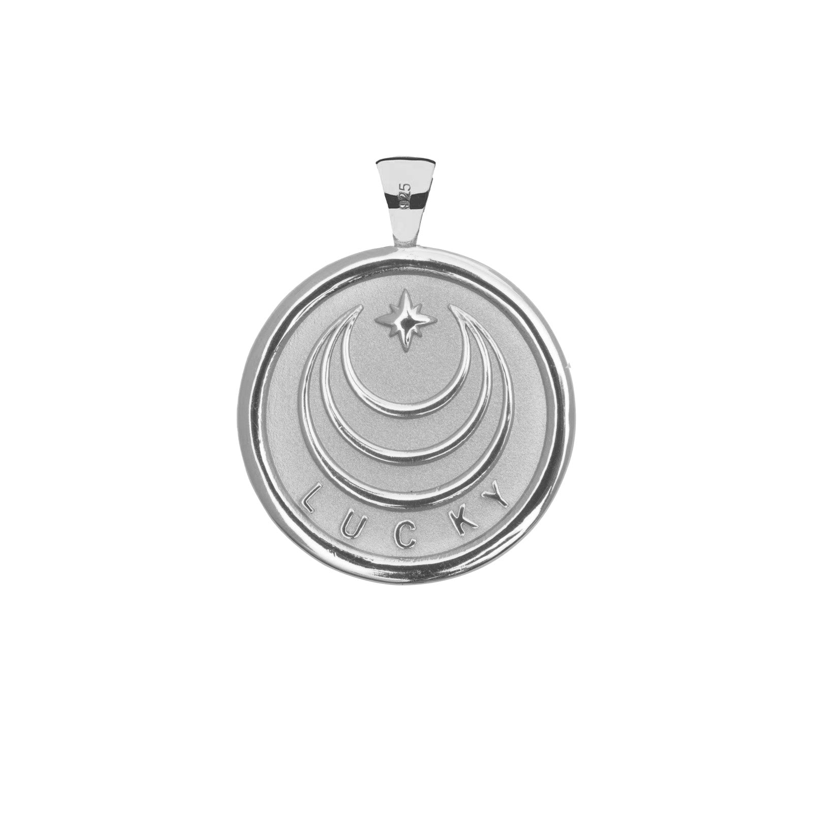 Silver Coin Pendant with Jane Win moon and star logo and word LUCKY underneath