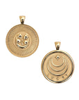 Gold Small Coin Pendant with Four leaf clover and horseshoe illustration (front). Gold Coin Pendant with Jane Win moon and star logo and word LUCKY underneath (back)