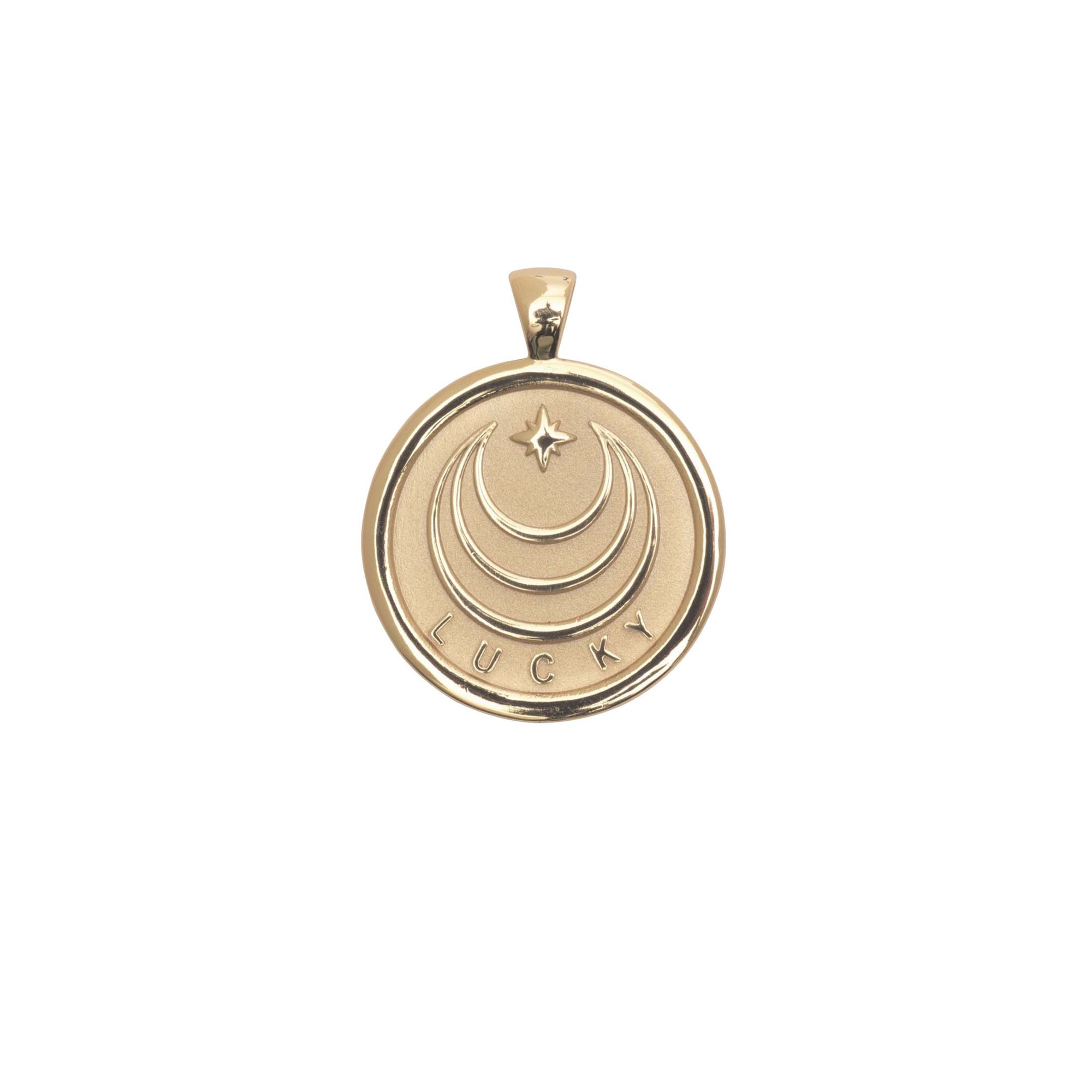 Gold Coin Pendant with Jane Win moon and star logo and word LUCKY underneath