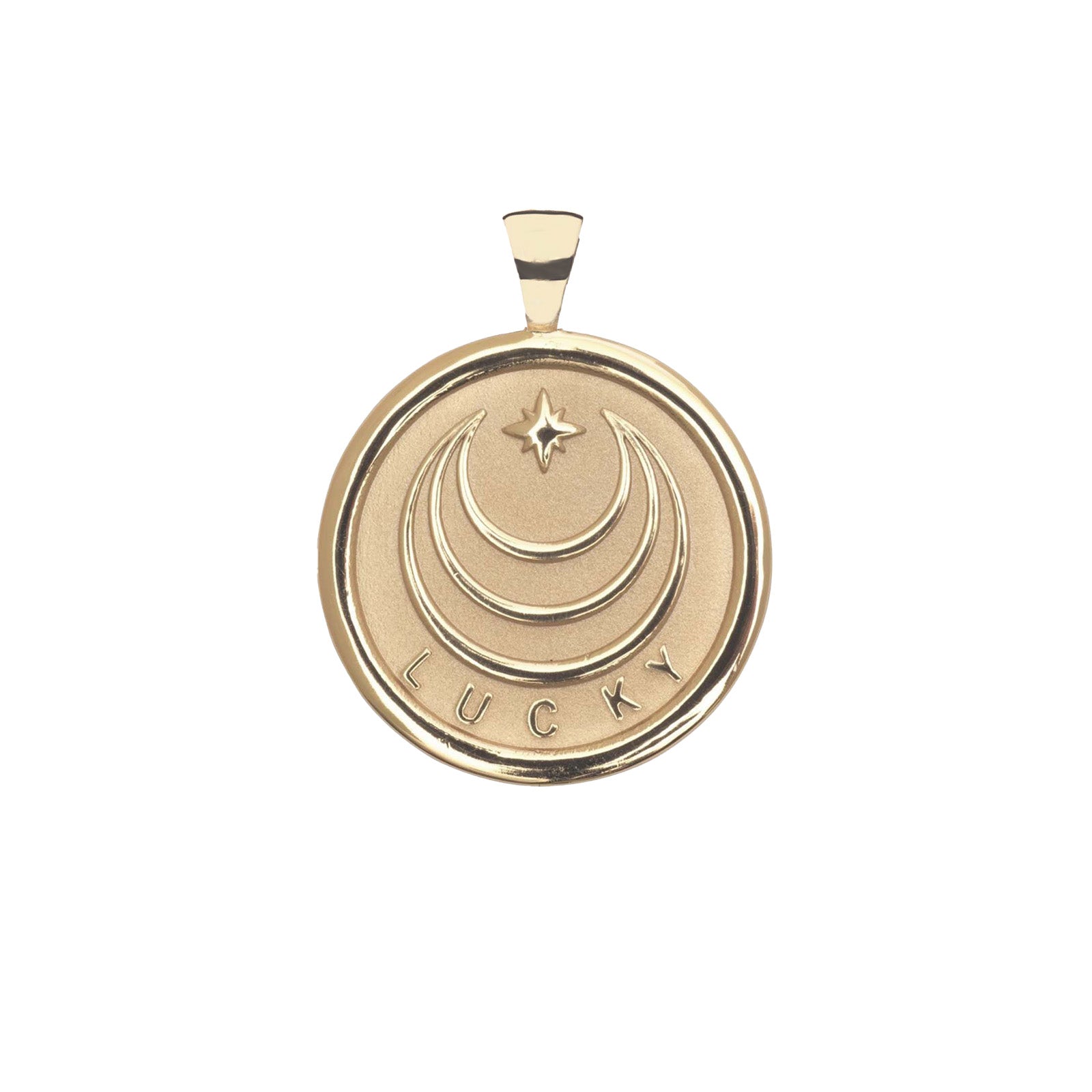 Gold Coin Pendant with Jane Win moon and star logo and word LUCKY underneath