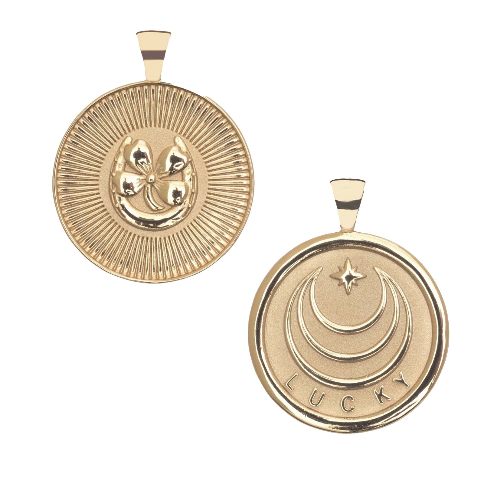 Gold Coin Pendant with Jane Win moon and star logo and word LUCKY underneath