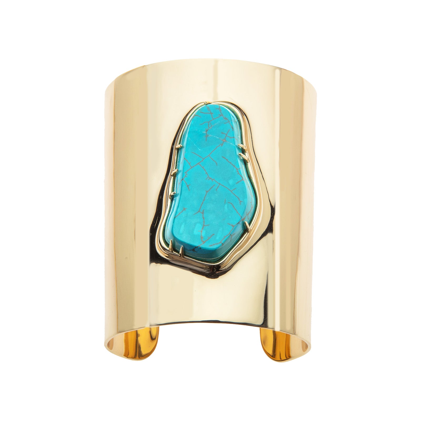 Shiny gold cuff featuring a chunky piece of turquoise