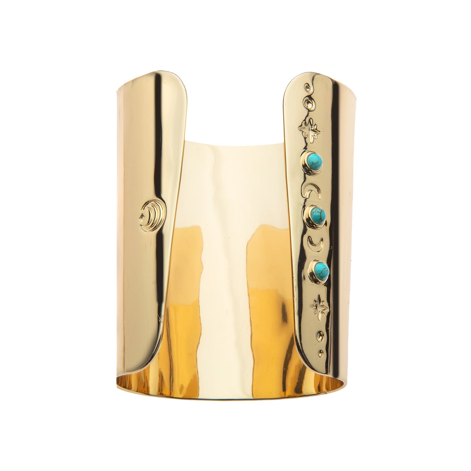 Back view of the cuff features moon and star logo and turquoise stones with moon and star details