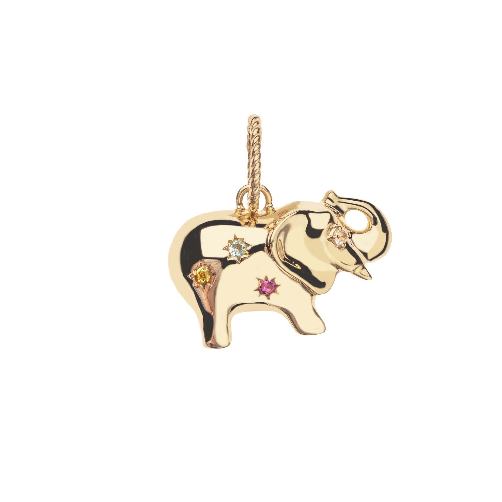 Gold elephant pendant accented with a rainbow of natural stones