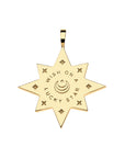 Back of gold 8 point star pendant features star icons, moon and star logo, and the phrase WISH ON A LUCKY STAR