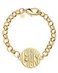 Chunky link gold bracelet features double sided coin with the words LUCKY on one side