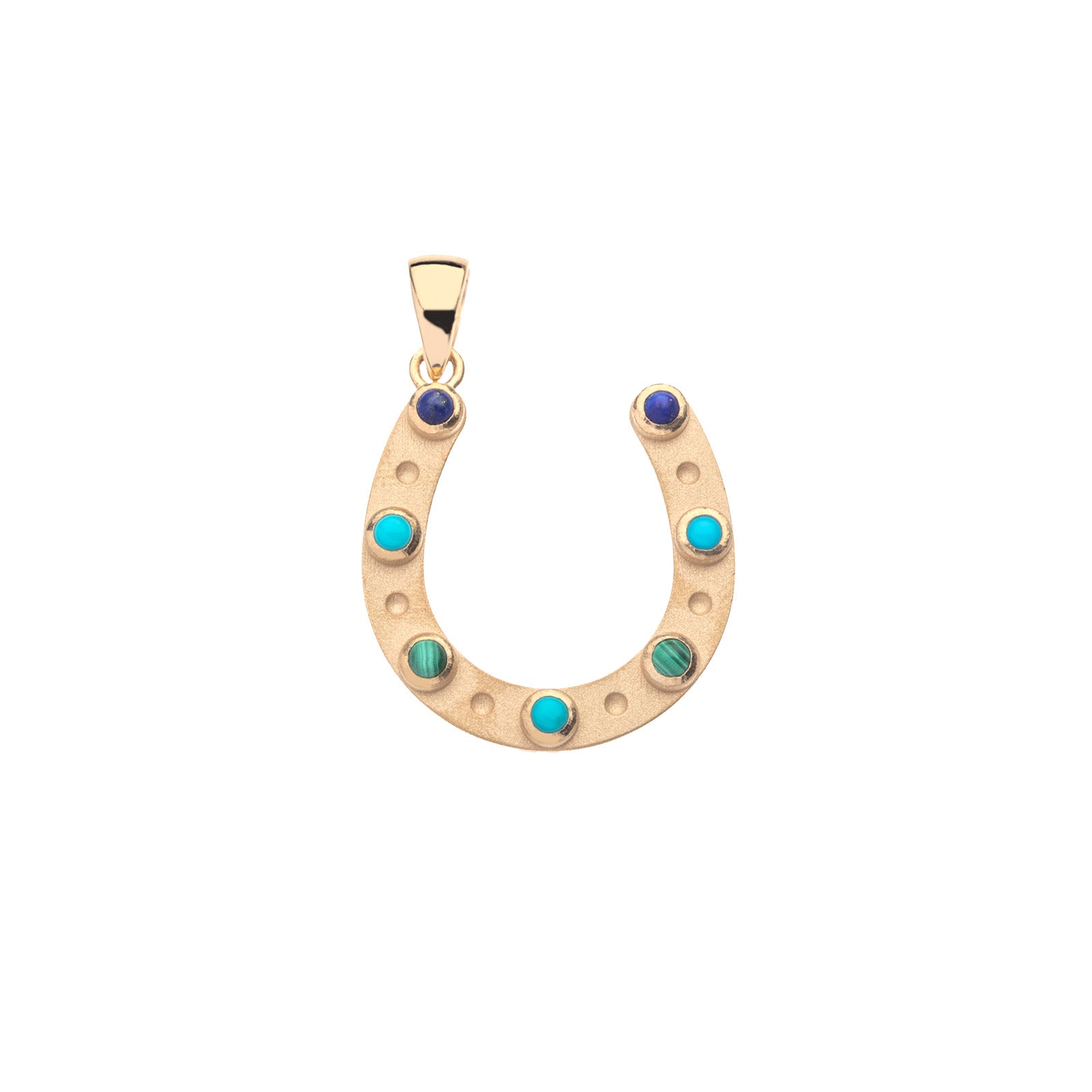 Gold horseshoe pendant with 7 stones with lapis, turquoise, and malachite