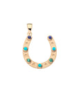 Gold horseshoe pendant with 7 stones with lapis, turquoise, and malachite