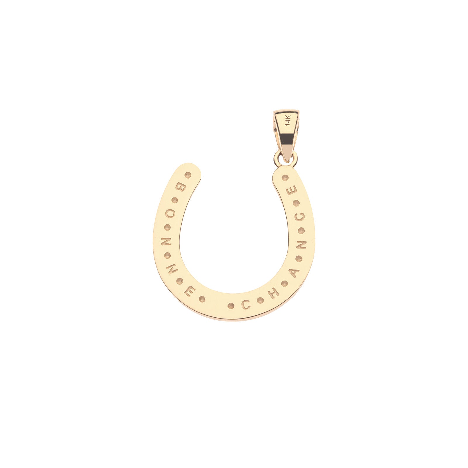 Back of gold horseshoe pendant with French phrase "Bonne chance"