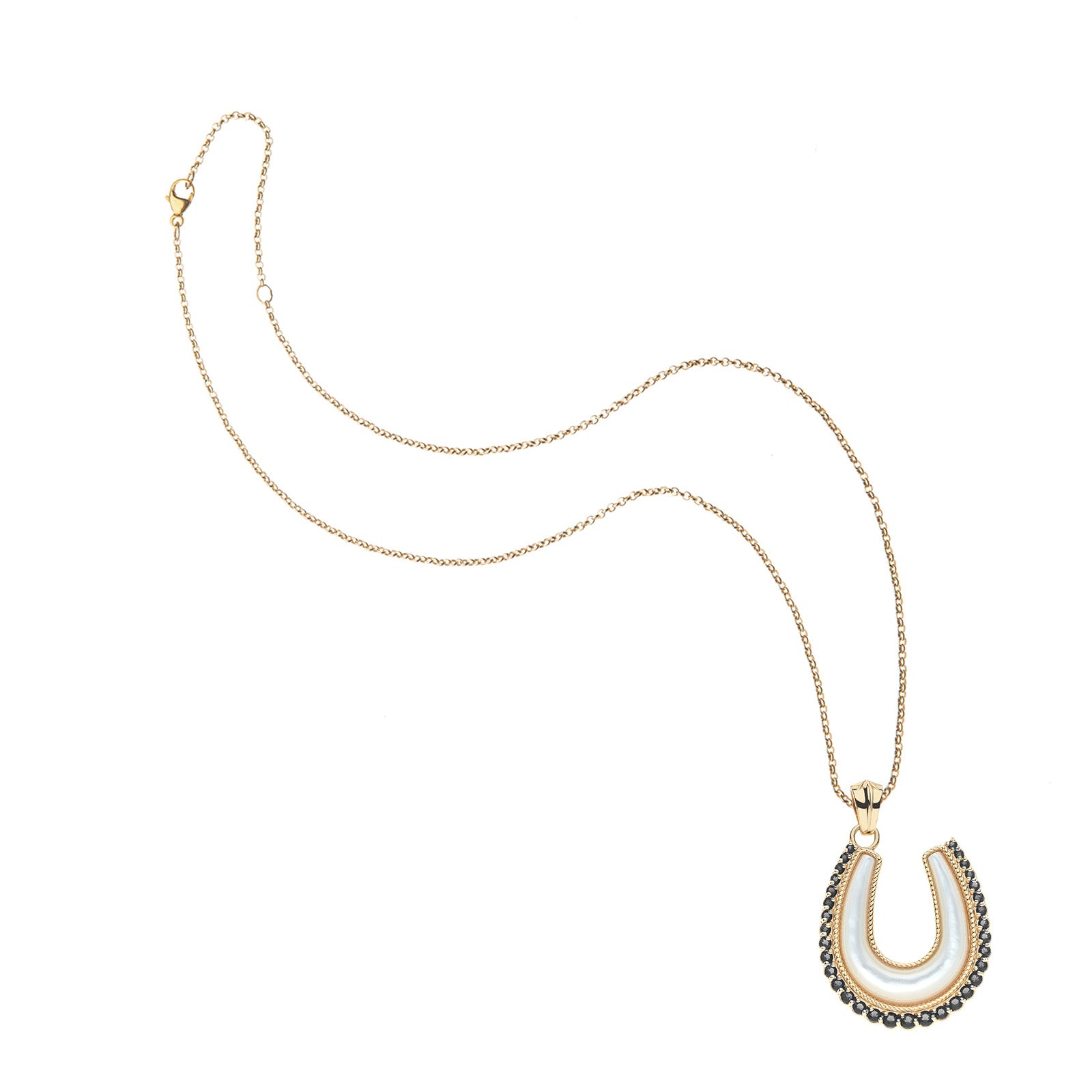 Gold and mother of pearl horseshoe pendant on classic rolo chain