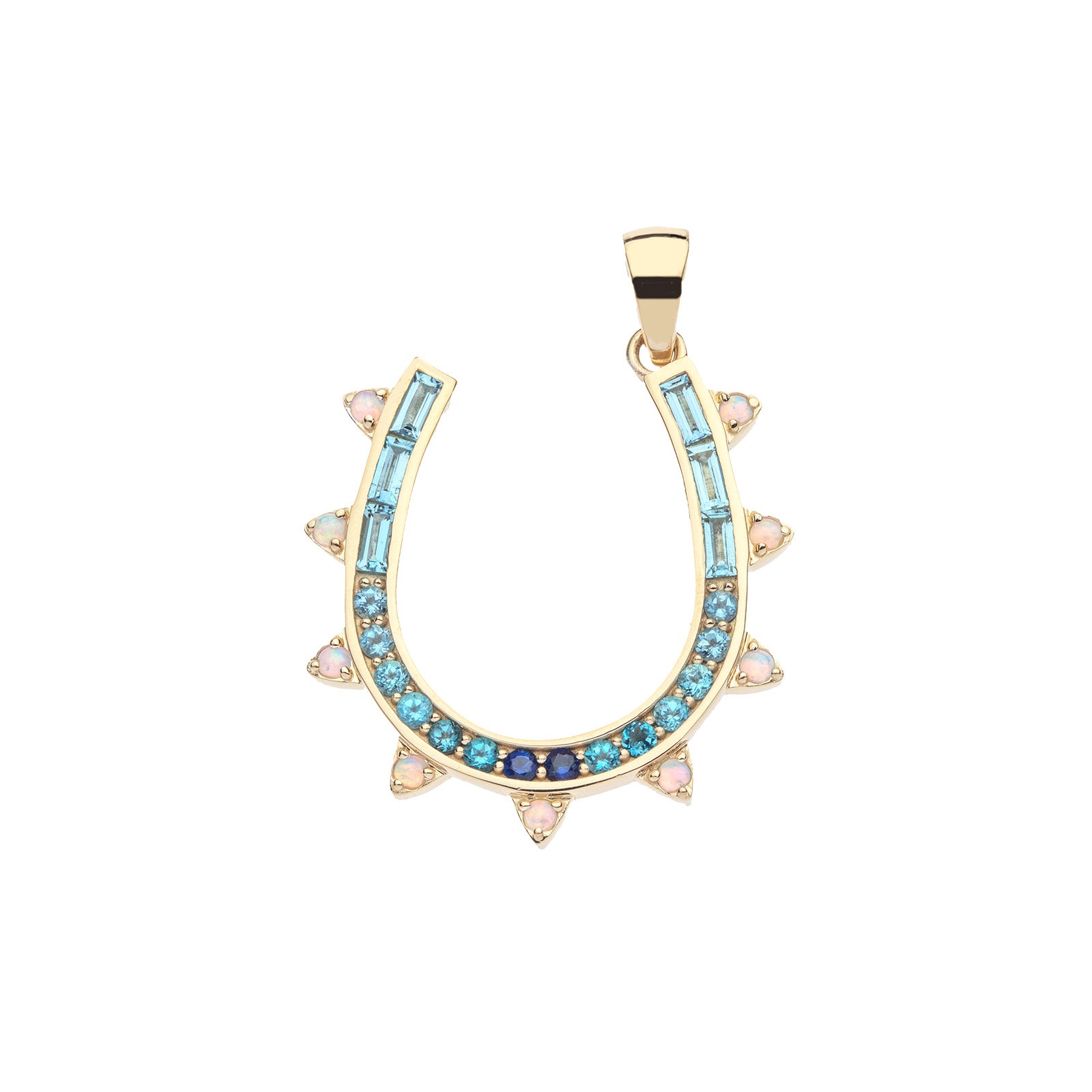Gold horseshoe pendant with aquamarine, topaz, and sapphire stones and Ethiopian opals on the border