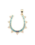 Gold horseshoe pendant with aquamarine, topaz, and sapphire stones and Ethiopian opals on the border
